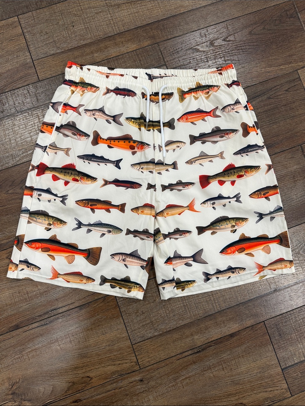 Men's White Fish-Print Swim Shorts